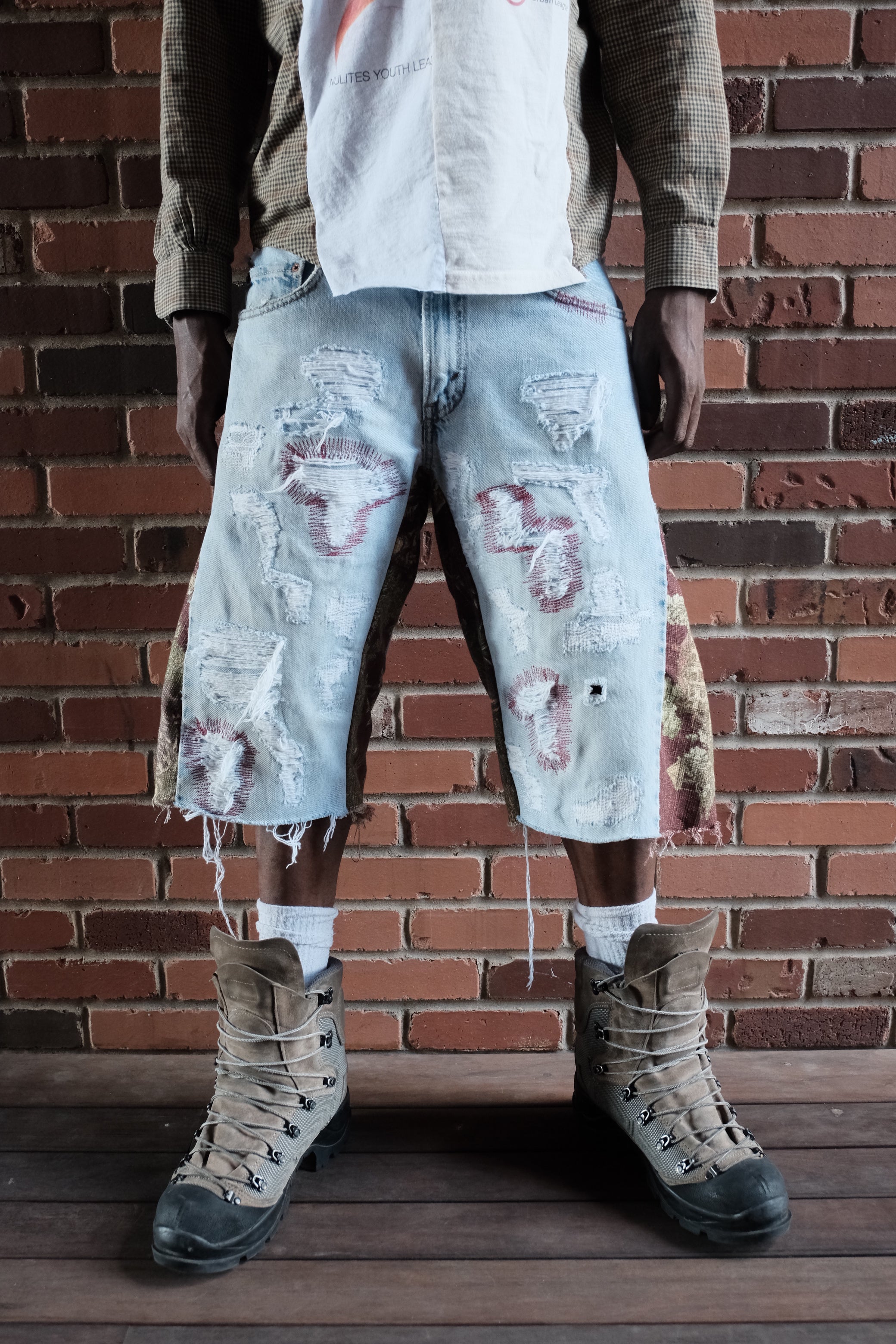 Repaired Flared Denim shorts Burgundy Light wash Tapestry