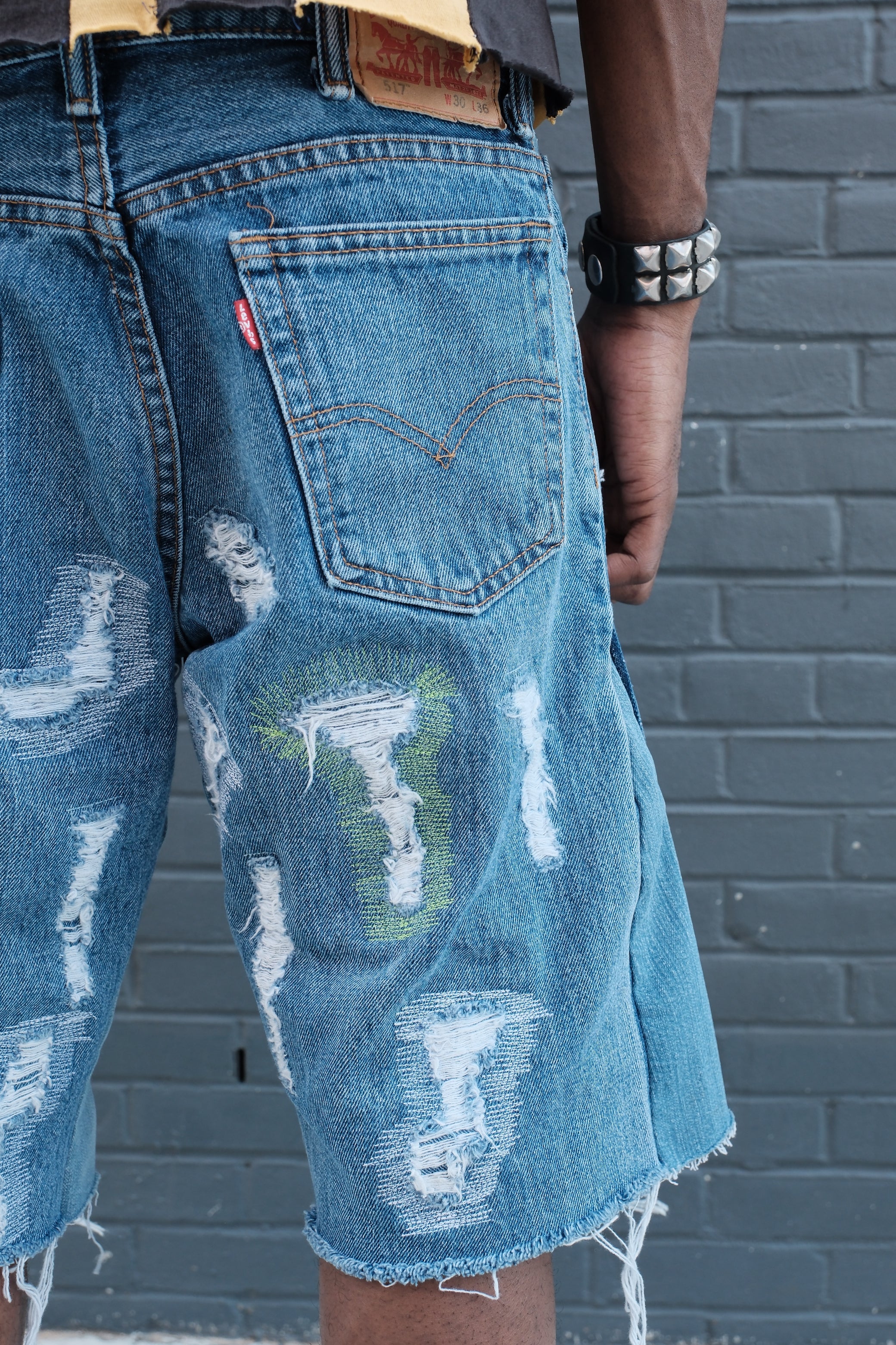 Repaired Flared Denim shorts Medium wash Green/White