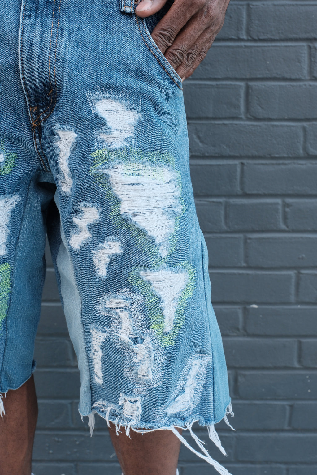 Repaired Flared Denim shorts Medium wash Green/White