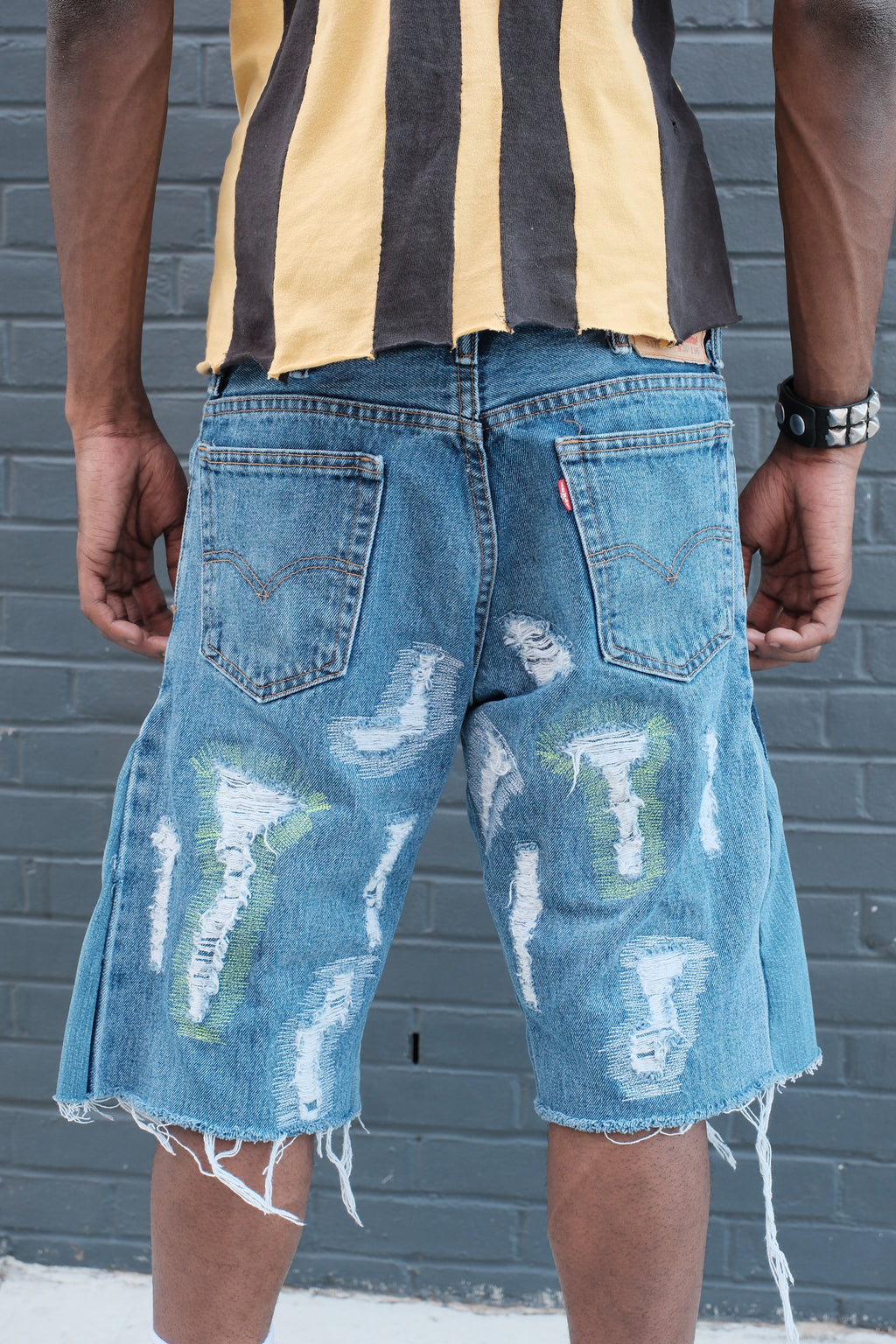 Repaired Flared Denim shorts Medium wash Green/White