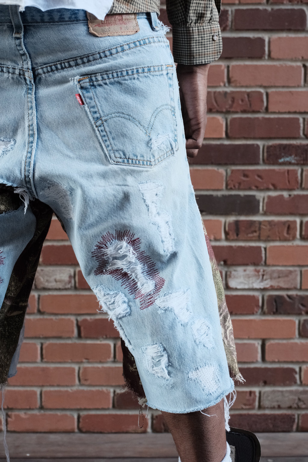 Repaired Flared Denim shorts Burgundy Light wash Tapestry