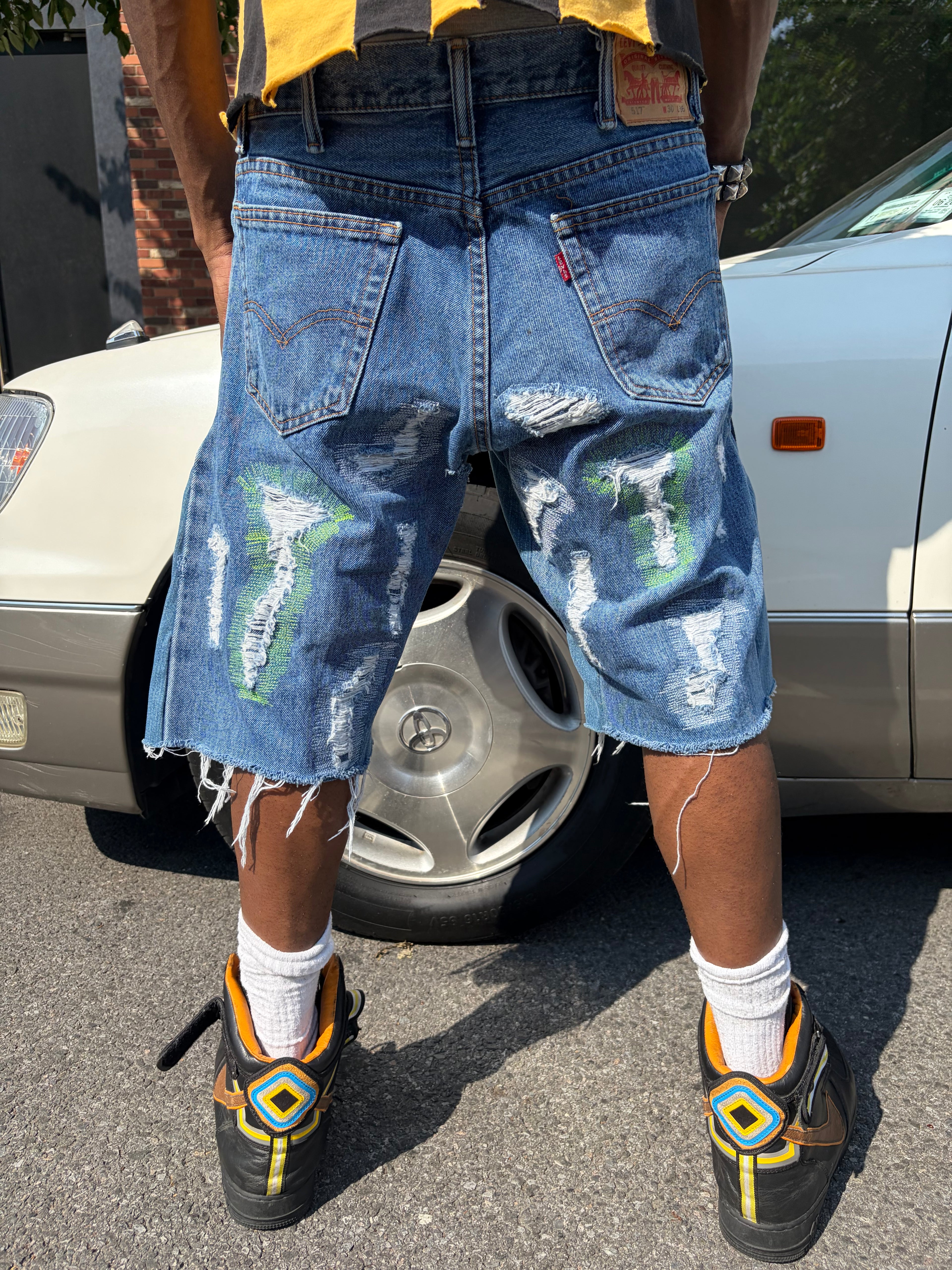 Repaired Flared Denim shorts Medium wash Green/White