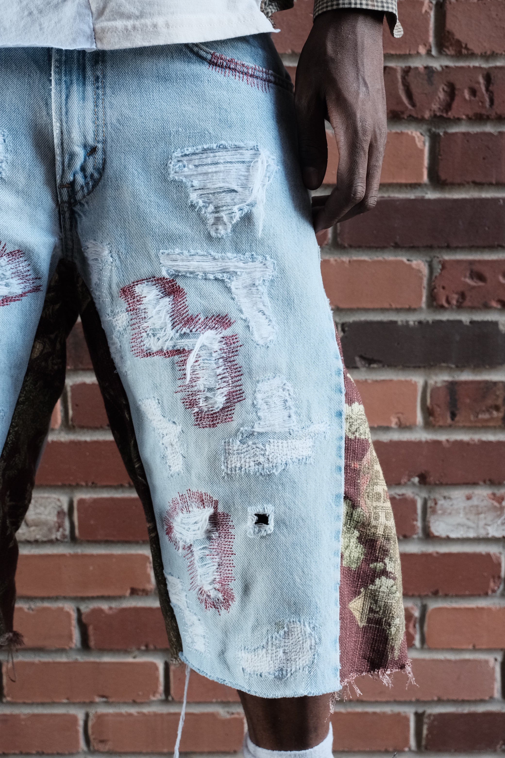 Repaired Flared Denim shorts Burgundy Light wash Tapestry