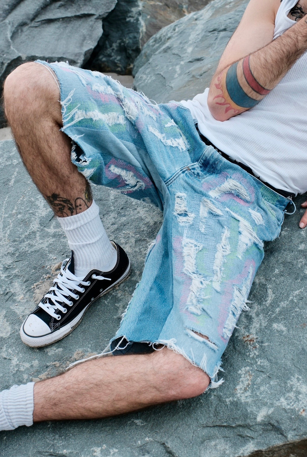 Repaired Flared Denim shorts Green/Pink Light wash