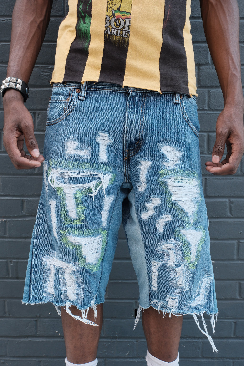 Repaired Flared Denim shorts Medium wash Green/White