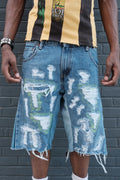 Repaired Flared Denim shorts Medium wash Green/White