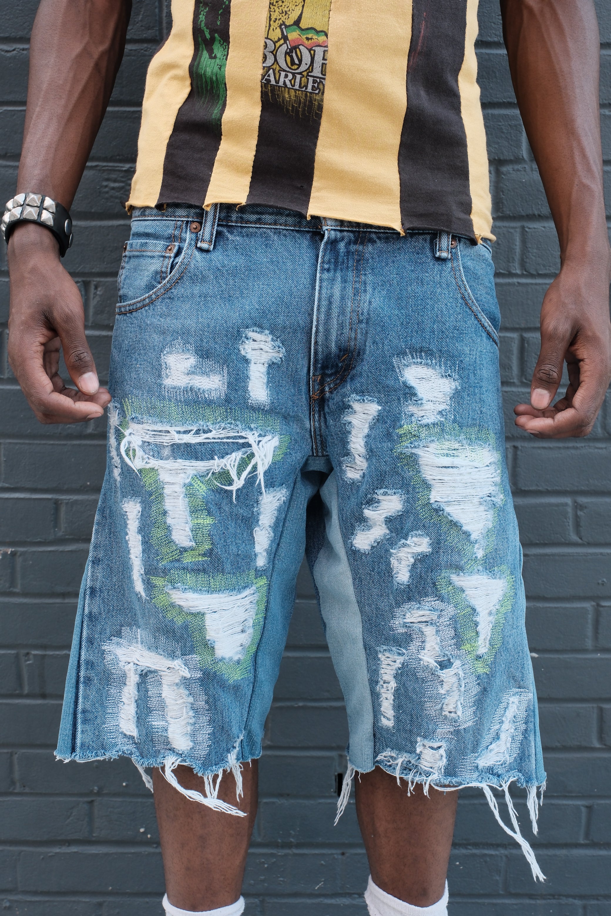 Repaired Flared Denim shorts Medium wash Green/White