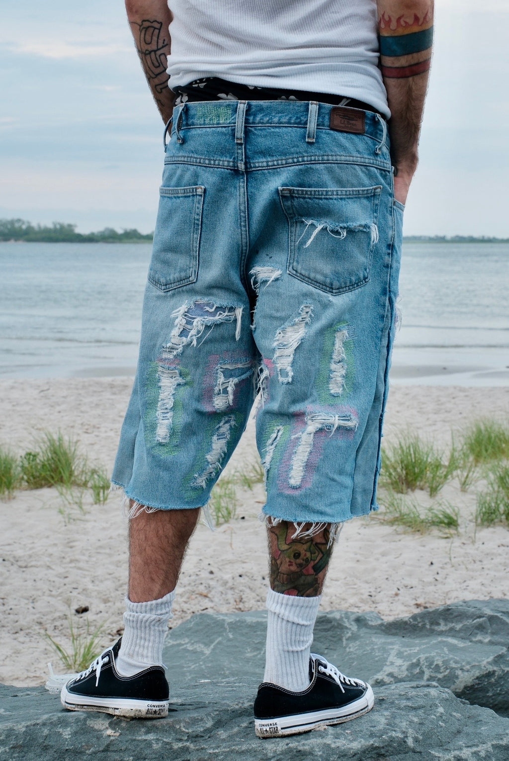 Repaired Flared Denim shorts Green/Pink Light wash