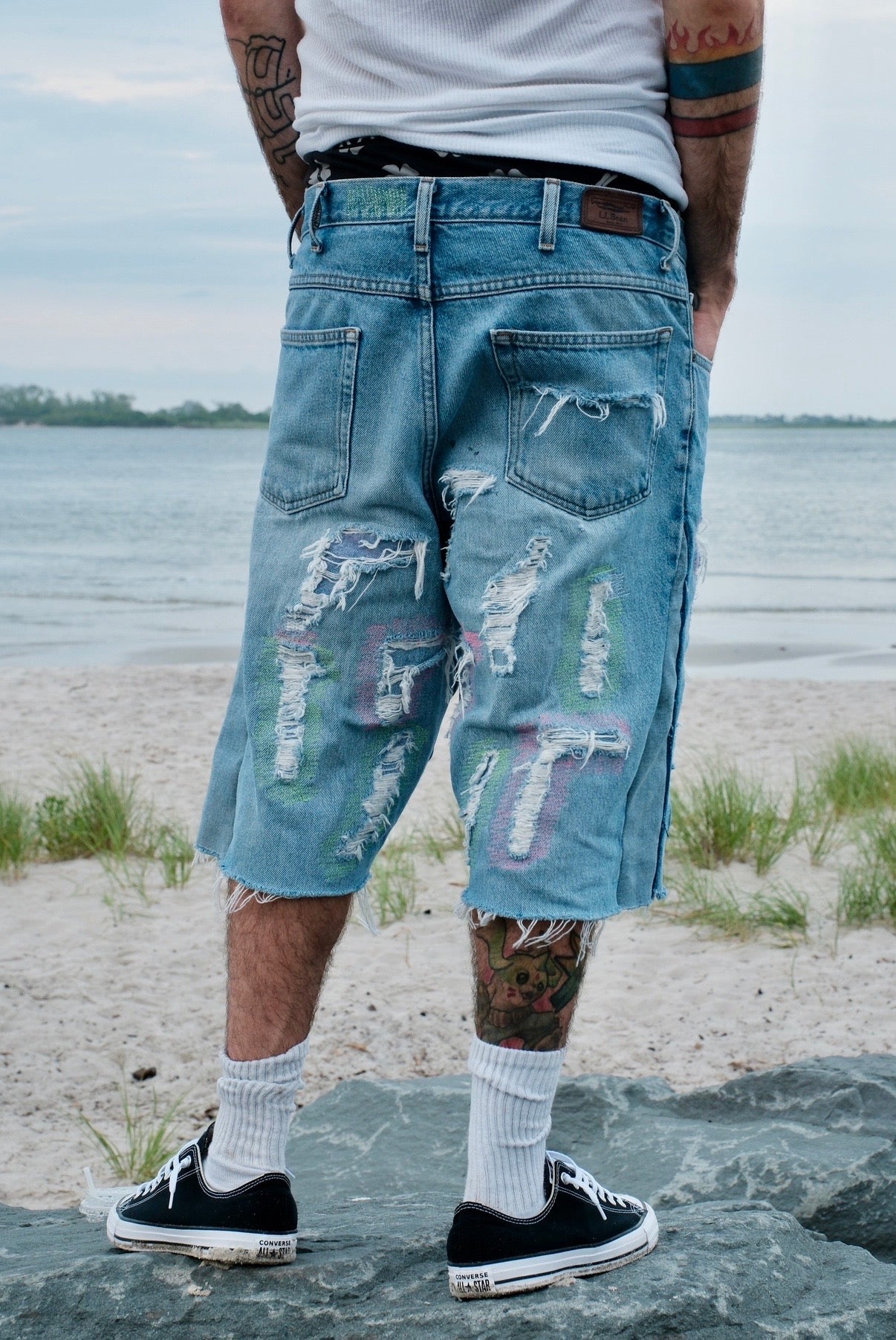Repaired Flared Denim shorts Green/Pink Light wash
