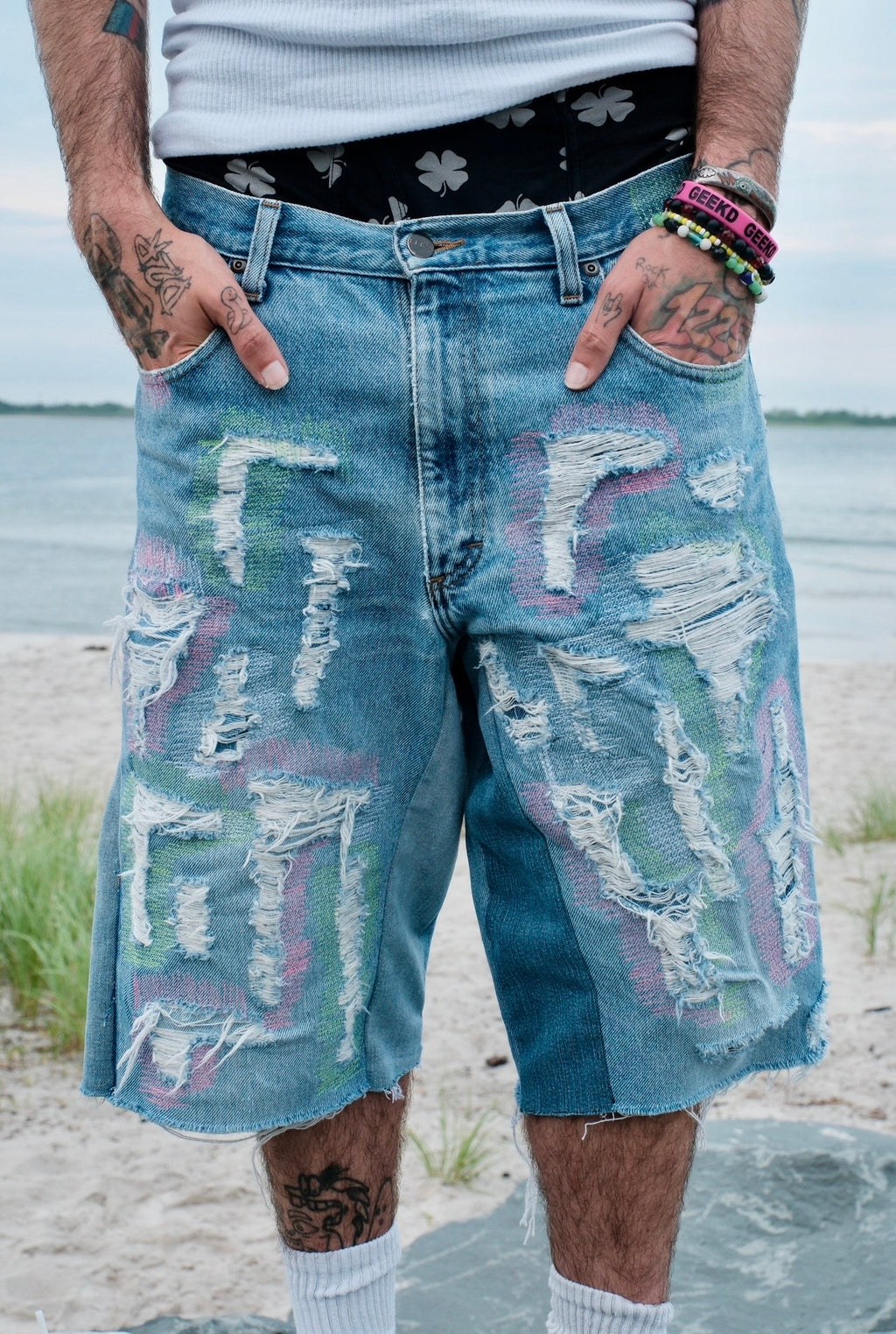 Repaired Flared Denim shorts Green/Pink Light wash