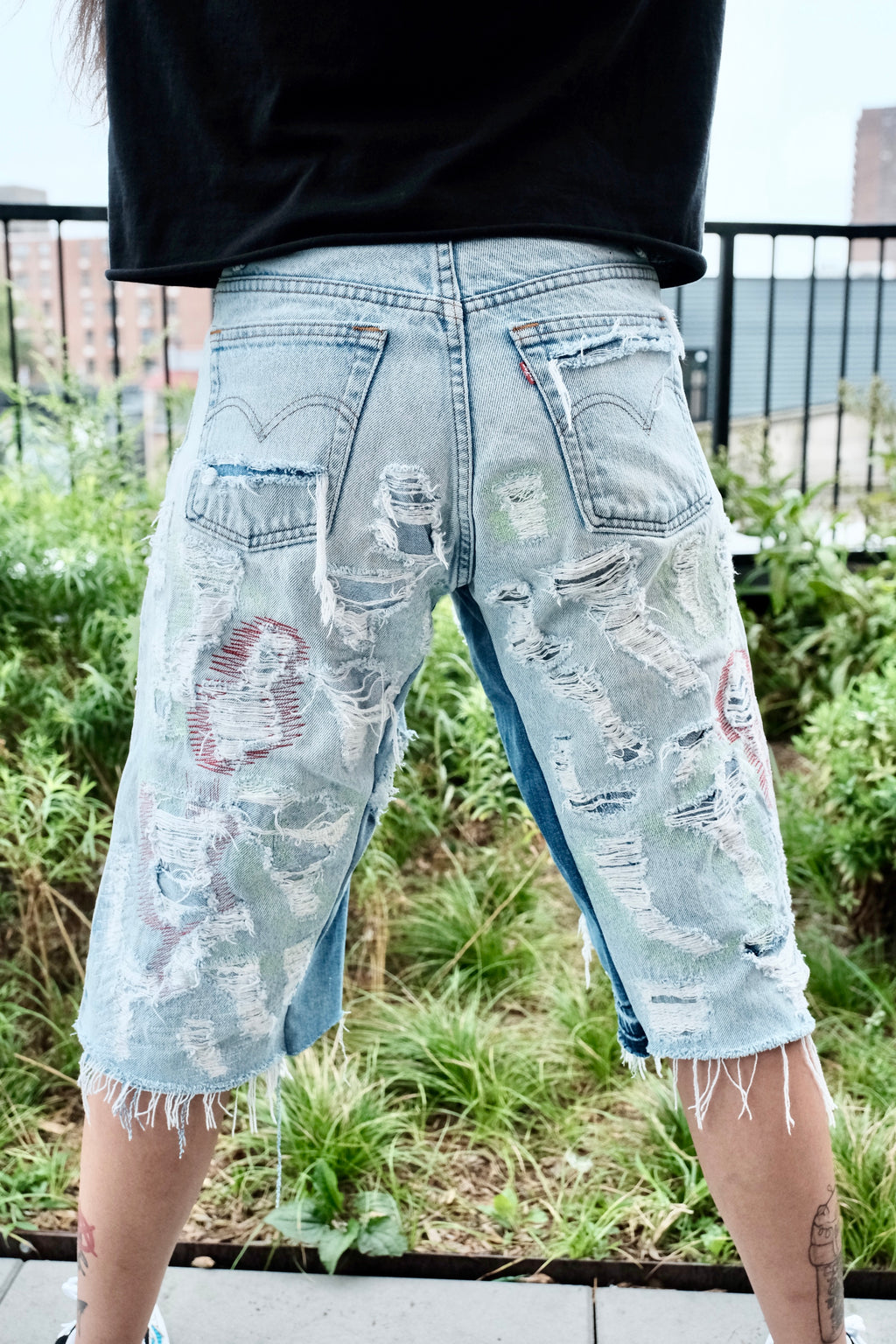 Reworked Light Wash Jorts Red/Green 30