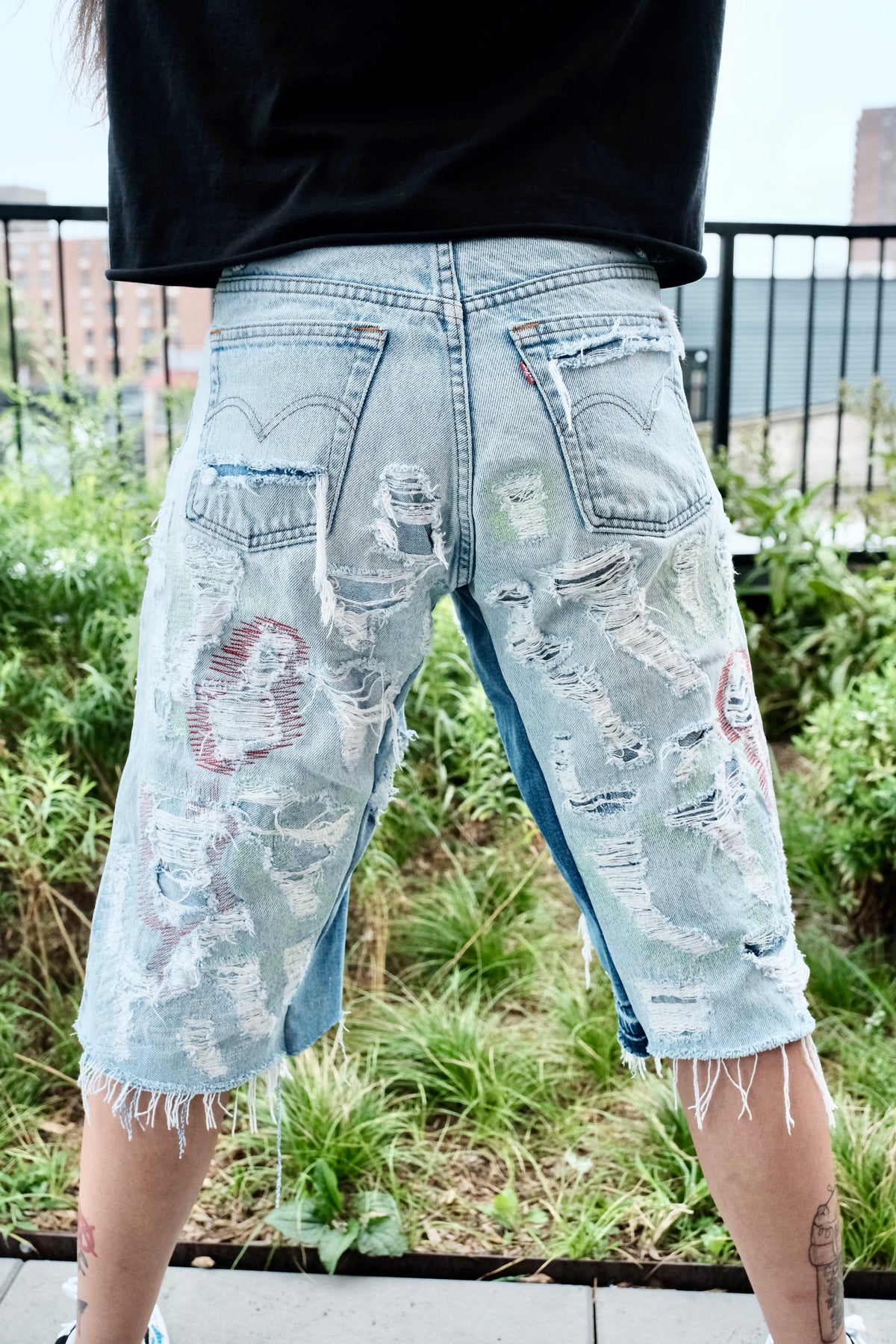 Reworked Light Wash Jorts Red/Green 30