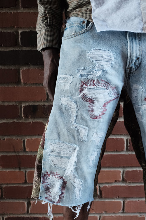 Repaired Flared Denim shorts Burgundy Light wash Tapestry