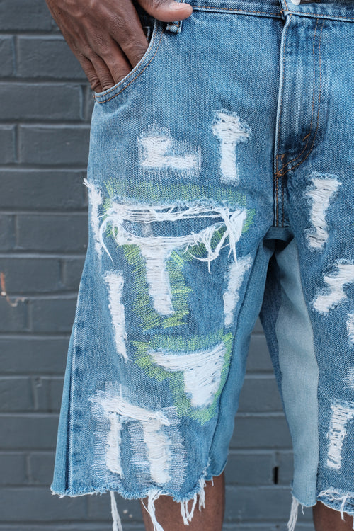 Repaired Flared Denim shorts Medium wash Green/White
