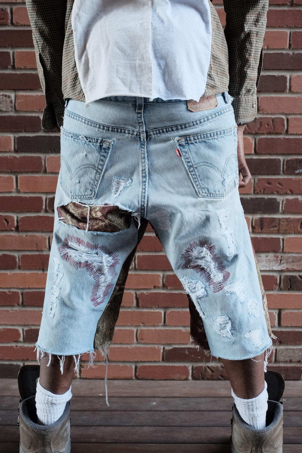 Repaired Flared Denim shorts Burgundy Light wash Tapestry